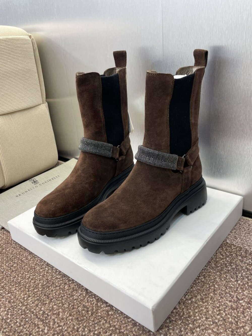 Brunello Cucinelli Women's Beaded Suede Mid-Calf Chelsea Boots